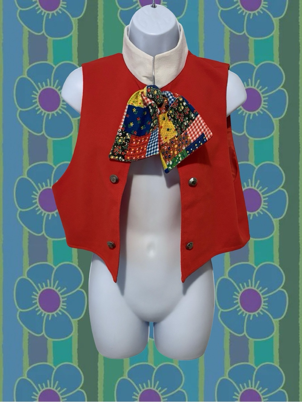 Vintage Red Vest with Multicolor Patchwork Bow